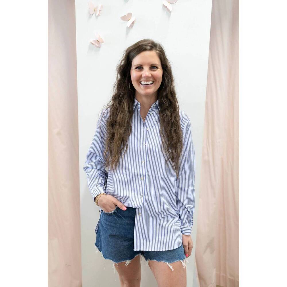 NEW B.YOUNG leah stripe top in blue, white